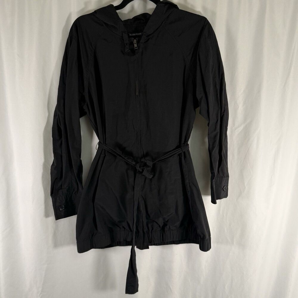 Eileen Fisher Jacket Women's Small Black Hooded Belted Full Zip Pockets